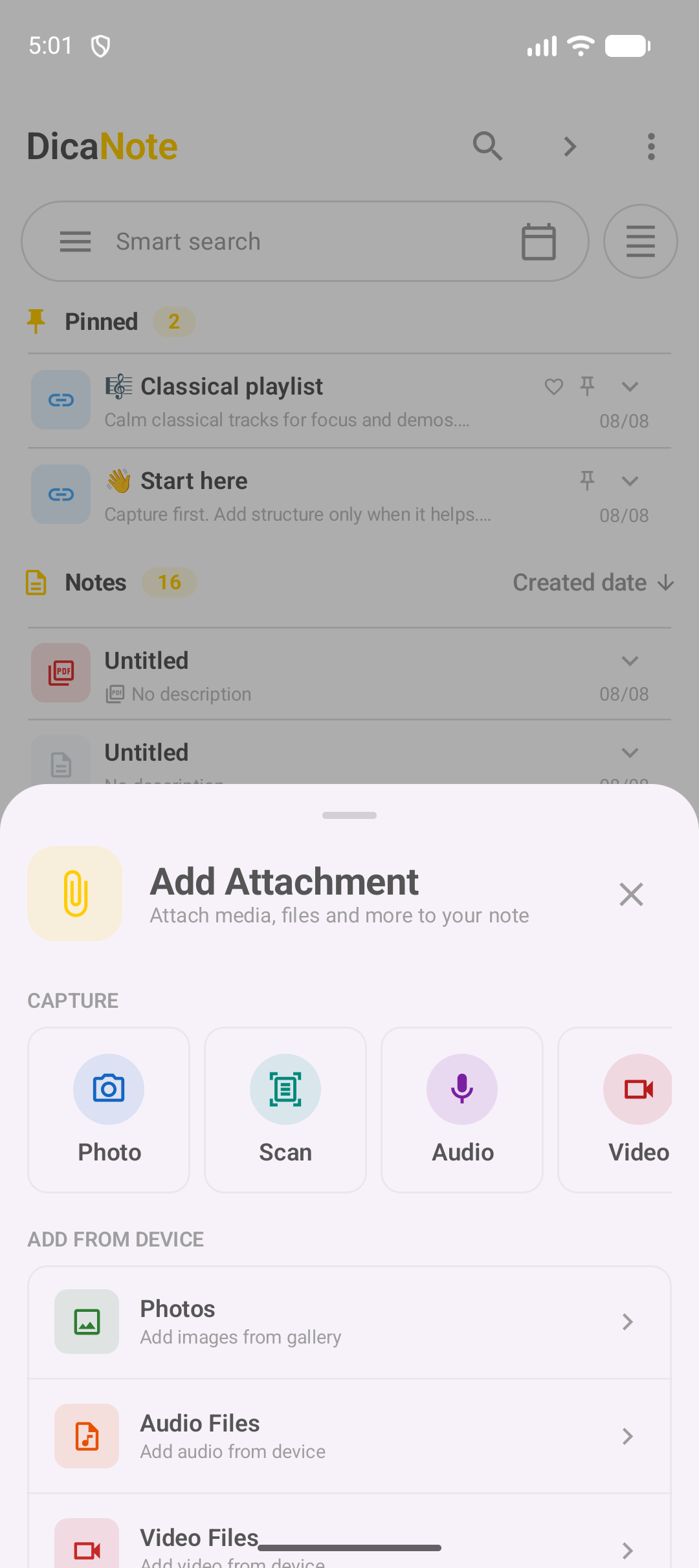 Add Attachment no DicaNote com Capture Audio