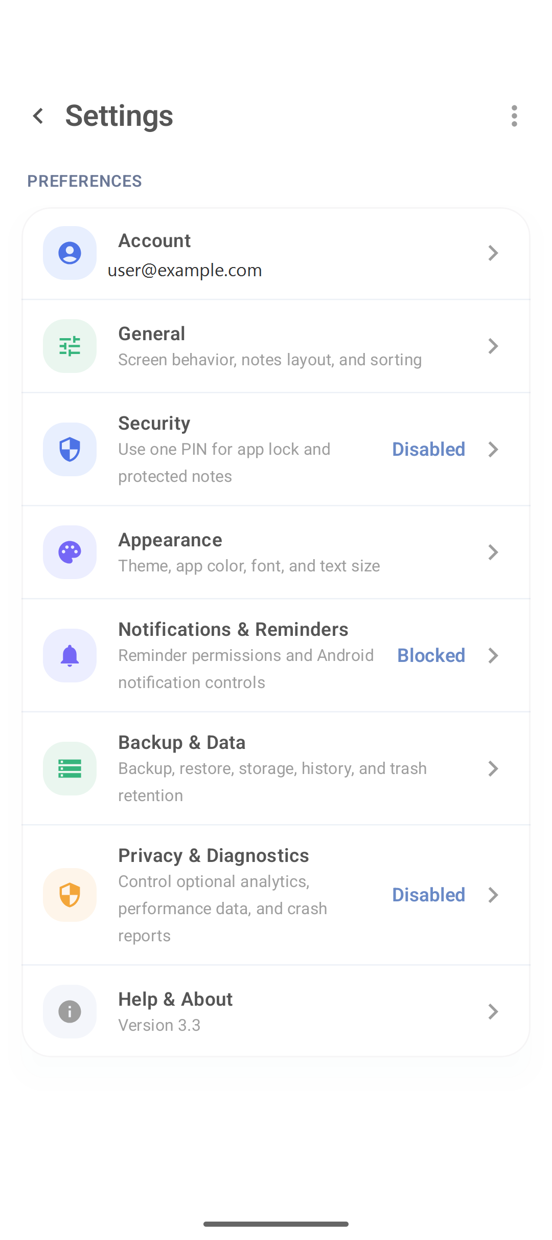 DicaNote Settings with Account, General, Security and other sections