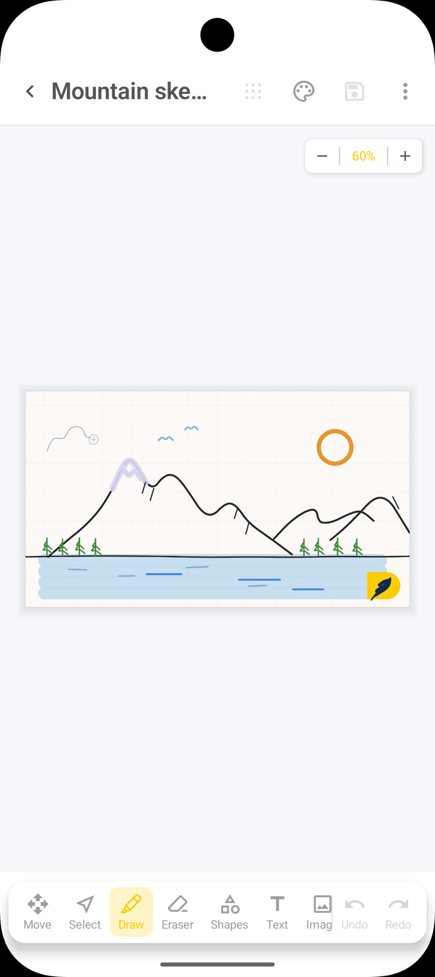 Editor de desenho do DicaNote com croqui de montanha e barra de ferramentas Draw selecionada