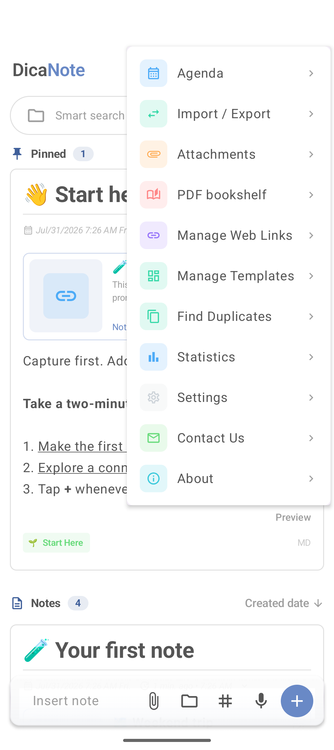 Menu principal do DicaNote com Find Duplicates e outras opções