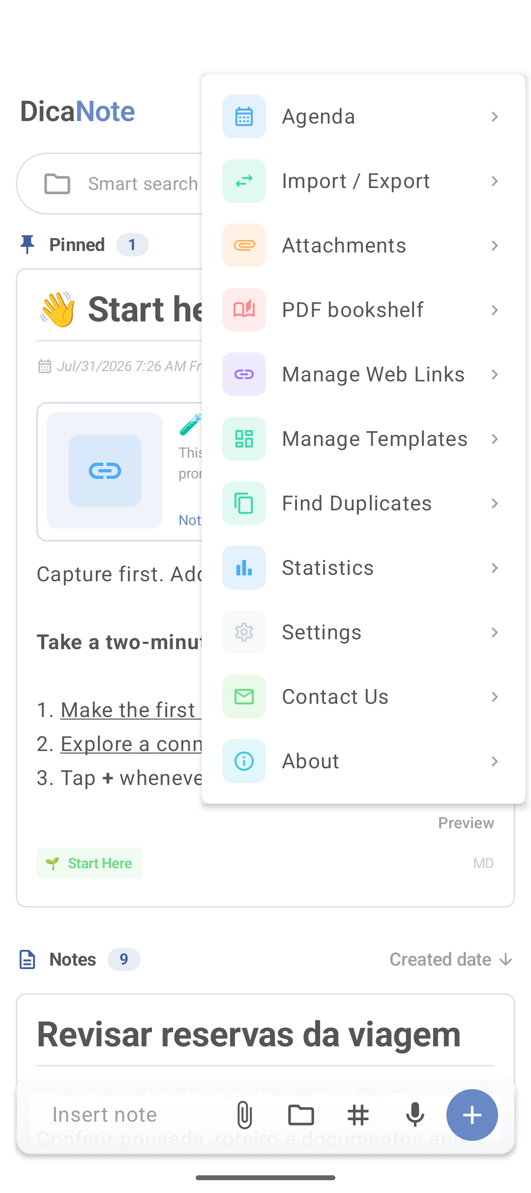 DicaNote main menu with Statistics and other options