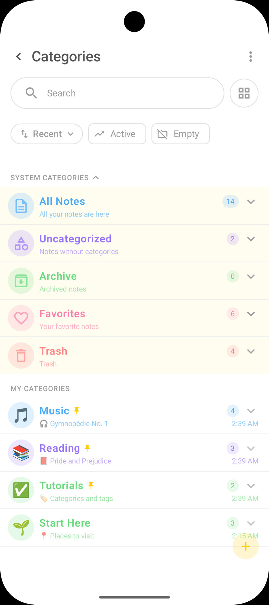 Tela Categories do DicaNote com System Categories e My Categories