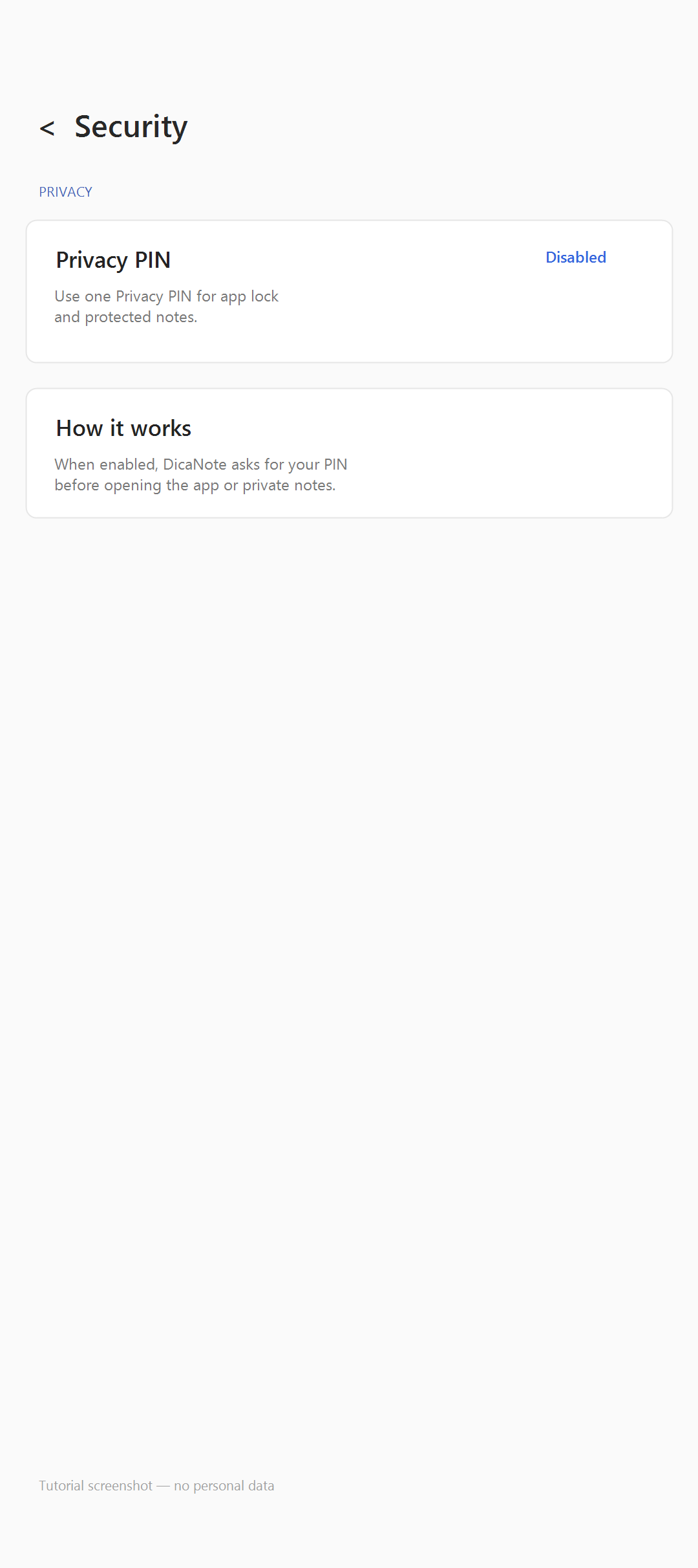 Tela Security com Privacy PIN Disabled — captura de tutorial sem dados pessoais