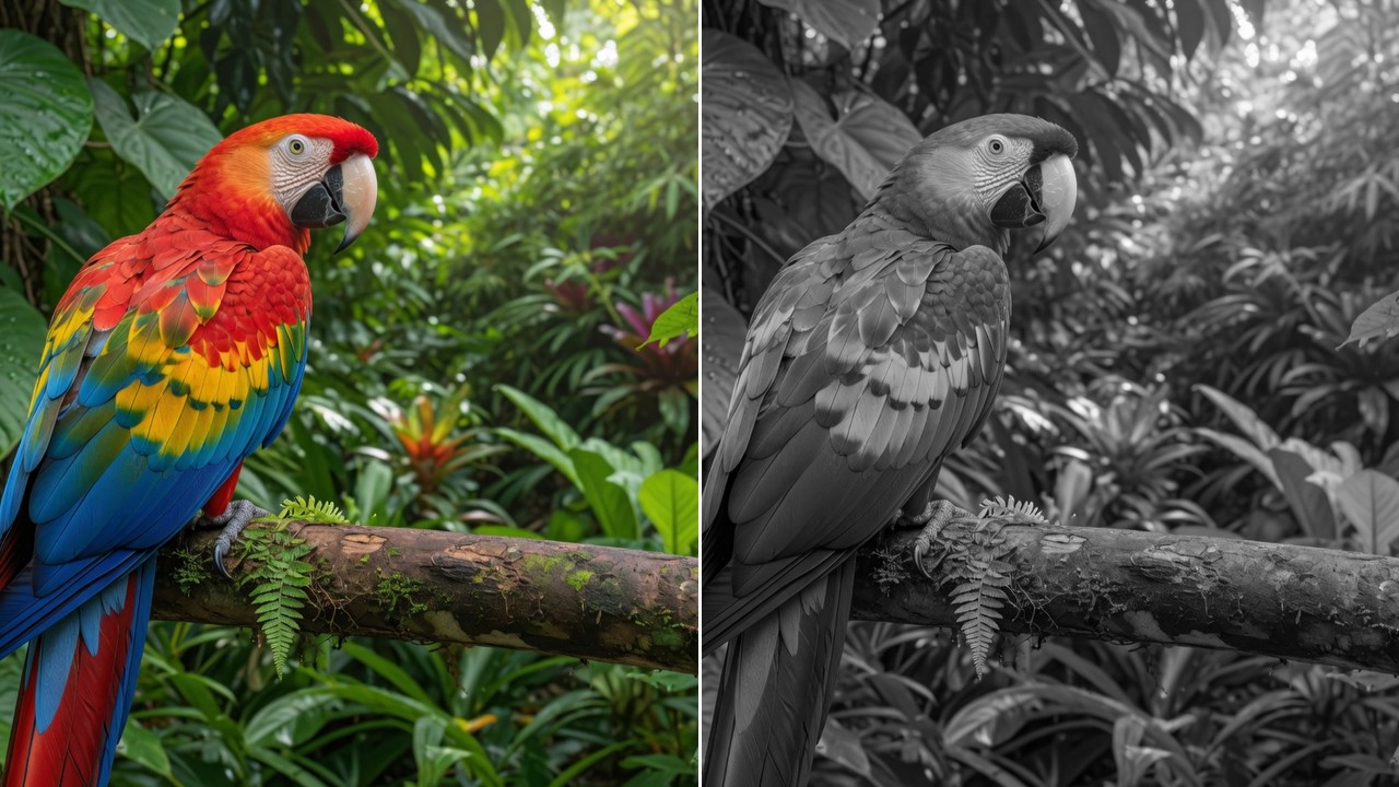 Antes e depois: foto colorida e a versão em preto e branco
